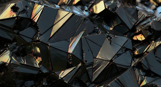 Macro texture of volcanic obsidian glass with razor sharp conchoidal fractures and iridescent rainbow sheen