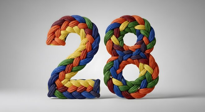 Knitted wool strands shaped into number 28. Perfect for birthday, anniversary, or milestone celebration designs with a vibrant touch.