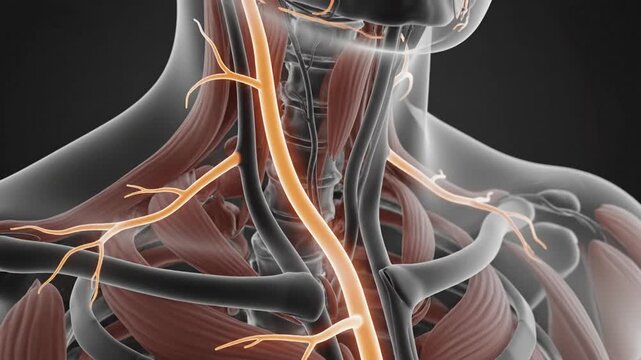 Detailed 3D rendering of the human nervous system in the neck and shoulder region, highlighting nerves and muscles.