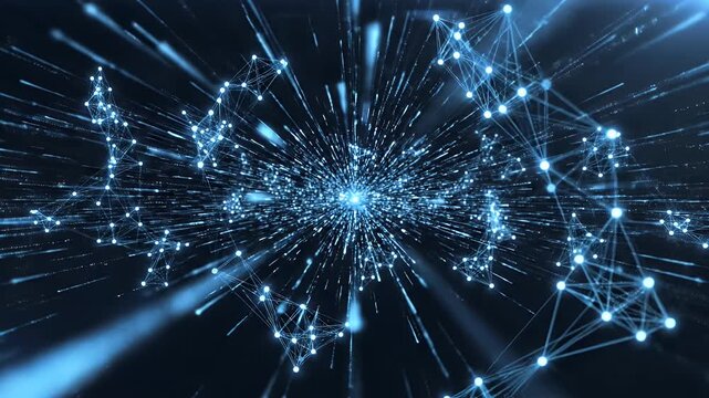 A radiant blue digital nexus expands, with glowing nodes and light streaks