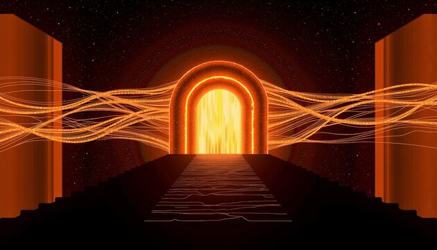 Luminous Gateway in Cosmic Landscape Illuminated by Streaming Golden Lights Amidst a Starry Universe Setting Beyond Mysterious Temple Structures
