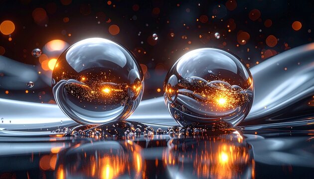 glowing liquid mercury spheres merging in mid-air, dark 
