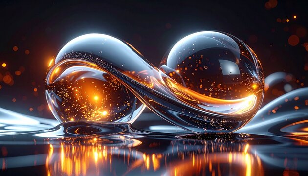 glowing liquid mercury spheres merging in mid-air, dark 