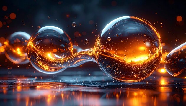 glowing liquid mercury spheres merging in mid-air, dark 