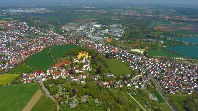 Aerial view beside the old town of the city aerial view Erbach an der Donau in Germany, on a sunny spring noon