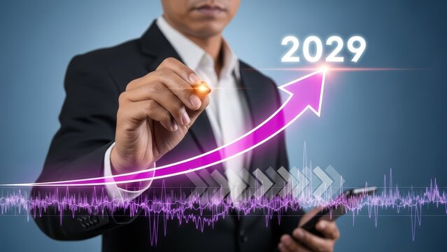 Businessman drawing an upward trend arrow with the year 2029 highlighted