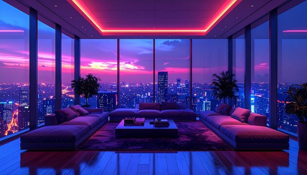 luxury penthouse living room with floor-to-ceiling windows and a view 