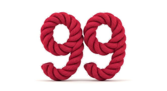 Two red number ninety nine made from twisted rope. Suitable for anniversary celebrations, signage, or countdown themed designs.
