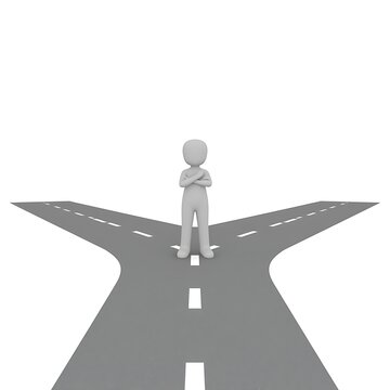 Decision making concept with human figure facing split path choosing between two directions representing uncertainty and strategic choice