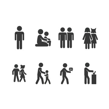 A set of stick figure people icons depicting various social interactions and relationships in a simple graphic style