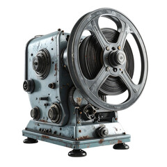 Fototapeta premium Antique film projector with large reel, weathered, against a black background