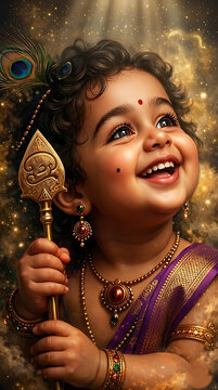Cute Baby Lord Karthikeya Smiling Digital Art | Little Murugan Golden Vel Happy Face Hindu God Wall Poster Print Devotional Spiritual Kids Nursery Decor Gift