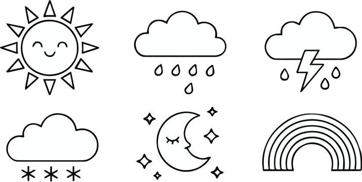 weather simple line icons sun cloud rain thunder snow moon rainbow set