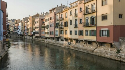 Obraz premium Warm evening light illuminates a picturesque riverside scene in a historic area with colorful buildings and tranquil waterway.