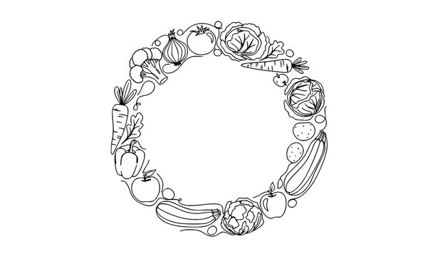 Vegetable and fruit wreath continuous line drawing circular doodle frame organic food vector isolated on white