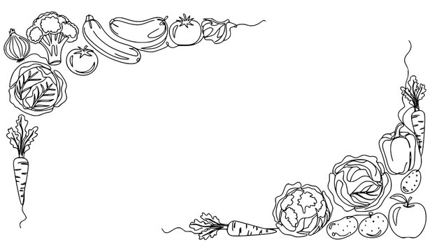 Vegetables doodle corner frame continuous line drawing fruits and healthy food outline vector isolated on white