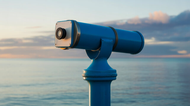 A blue coin operated view finder on a pier