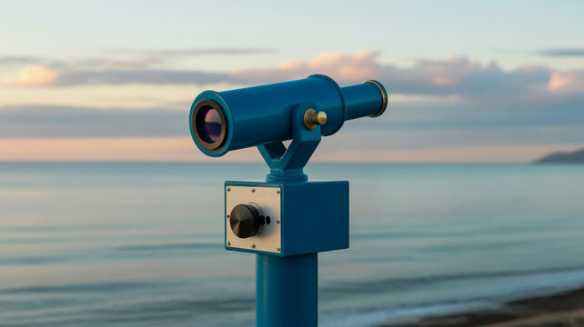 A blue coin operated telescope on a beach by the ocean