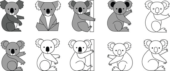Koala Outline and Flat Vector Set Featuring Cute Bear Characters Sitting Climbing Geometric and Line Art Styles for Kids Design Illustration Collection © Shefali