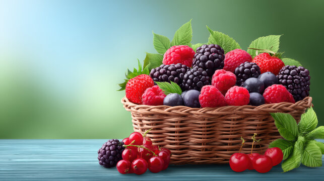 A delightful wicker basket overflowing with ripe mixed berries like strawberries raspberries and blackberries sits on a blue wooden surface in the sunshine outdoors.