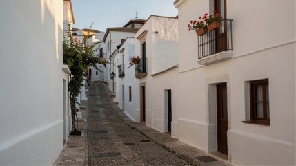Fototapeta premium A narrow cobblestone street in a historic European town leads upwards to a fence, lined with white buildings and red flowers in pots on balconies under a clear blue sky.
