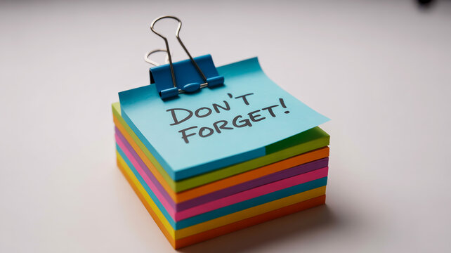 A stack of colorful sticky notes with a blue note on top that says dont forget
