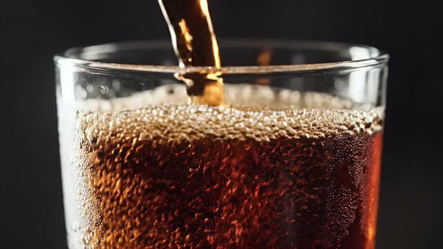 Amber liquid cascades into a condensation-covered glass, creating effervescence