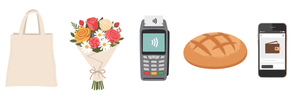 Everyday shopping items and payment methods are displayed, including a tote bag, flower bouquet, POS terminal, bread, and smartphone wallet.