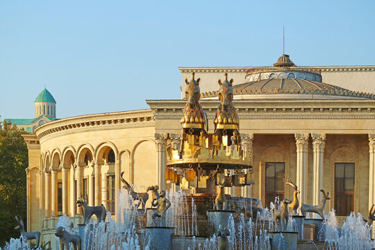 Iconic Colchis Fountain in Downtown Kutaisi, an Enlarged Copies of Ancient Small Statues Found During the Excavation in Western Georgia