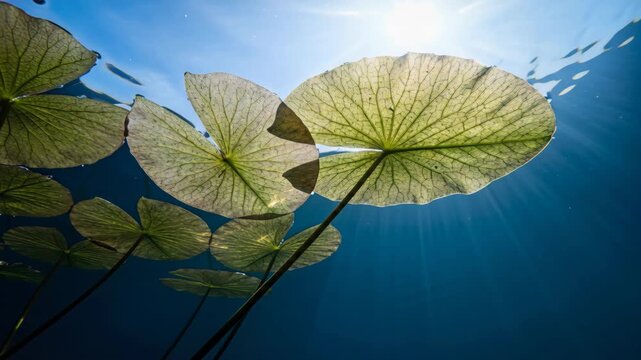 Sunlight filtering through green lotus leaves underwater. Veined aquatic plants swaying gently with rays from above. Serene nature scene in blue pond environment