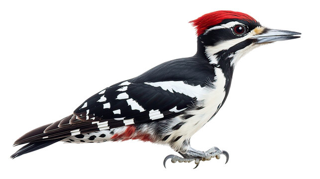 A colorful woodpecker with red, black, and white feathers on transparent background