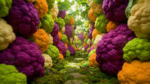 A surreal and vibrant pathway lined with towering walls of colorful heirloom cauliflower florets creates a magical vegetable tunnel fantasy