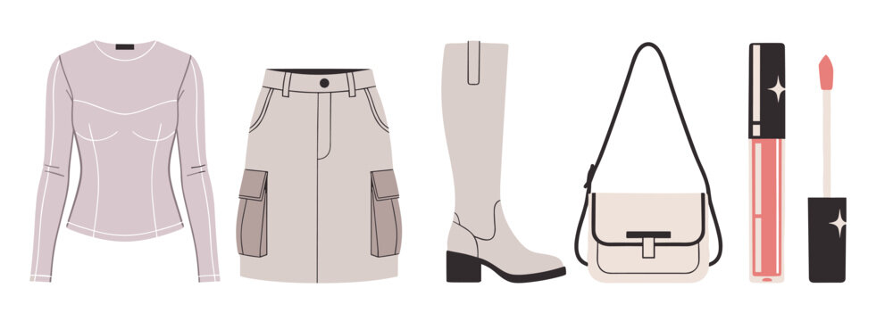 Fashion accessories and makeup essentials presented in a stylish flat lay arrangement, showcasing modern clothing, footwear, handbag, and lip gloss.