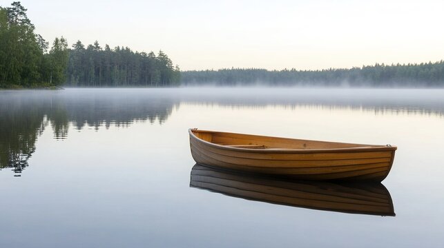 skiff. A slender wooden skiff floats on a mirror-calm lake at dawn, surrounded by a serene, misty morning atmosphere. travel magazines.
