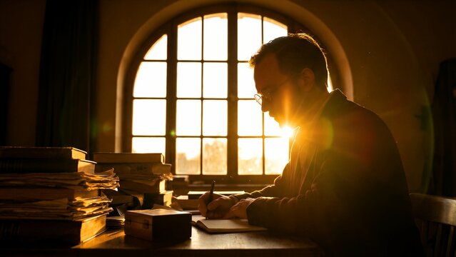 Silhouette of a dedicated scholar or writer working intently at a desk surrounded by stacks of old books bathed in dramatic golden sunlight