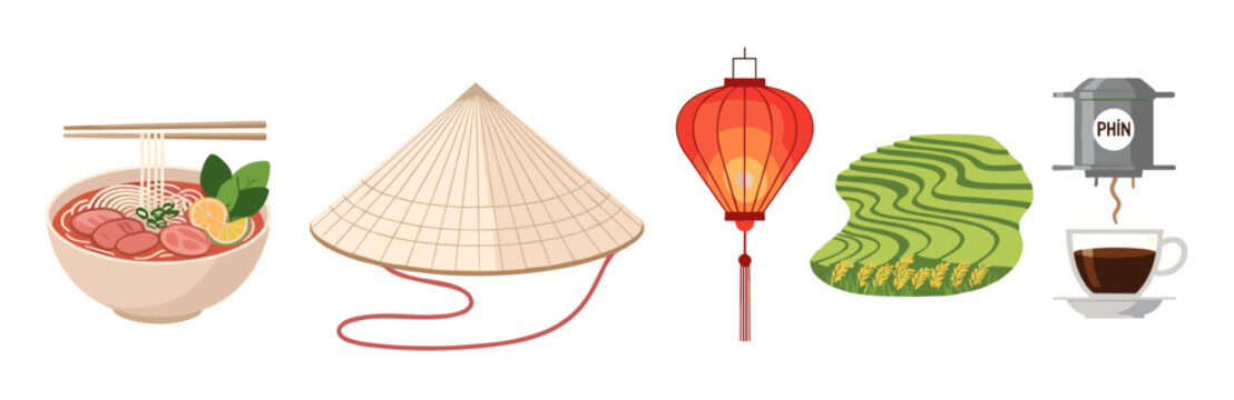 Traditional Vietnamese cultural symbols and iconic elements are beautifully illustrated in a vibrant collection, showcasing the country's rich heritage.