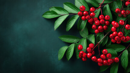 Fototapeta premium Vibrant red berries led amongst lush green leaves create a visually striking botanical arrangement against a dark, textured backdrop in this elegant composition.