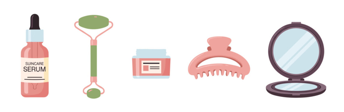 Skincare serum bottle, jade roller, cream jar, hair clip, and compact mirror are essential beauty and self-care items for a daily routine.