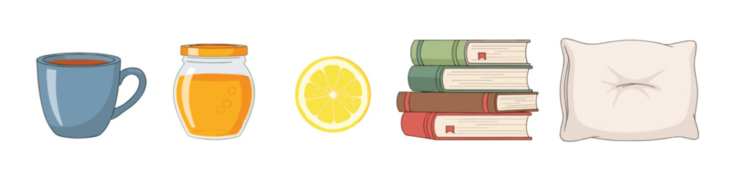 Essential items for a comfortable and relaxing time, featuring a hot beverage in a mug, a jar of honey, a fresh lemon slice, a stack of books, and a soft pillow.