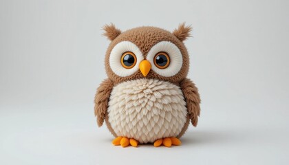 Obraz premium Cute Plush Owl Standing Upright on a Plain Background With Bright Eyes and Detailed Fur Texture