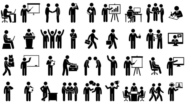 Business people pictogram icon set featuring meetings, handshakes, presentations, and teamwork. Ideal for corporate websites, infographics, and business presentations. Multiple col