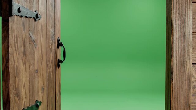 Old wooden door cracked open, revealing a bright green background