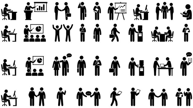 Business people pictogram icon set featuring meetings, handshakes, presentations, and teamwork. Ideal for corporate websites, infographics, and business presentations. Multiple col