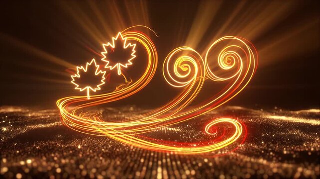 Illuminated Maple Leaf Light Trail on Dark Road at Night with Motion Blur Effect