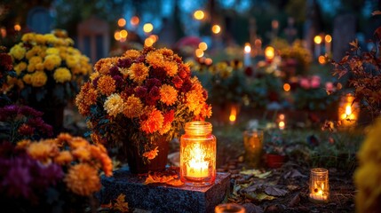 Grave Decoration with Lit Votive Candle and Chrysanthemums, Autumnal Day Ligt, All Saints' Day and All Souls' Day in Poland, Day of the Dead Memorial Tradition