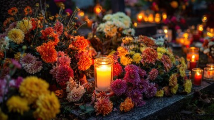 Grave Decoration with Lit Votive Candle and Chrysanthemums, Autumnal Day Ligt, All Saints' Day and All Souls' Day in Poland, Day of the Dead Memorial Tradition