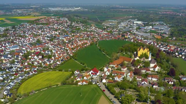 Aerial view beside the old town of the city aerial view Erbach an der Donau in Germany, on a sunny spring noon