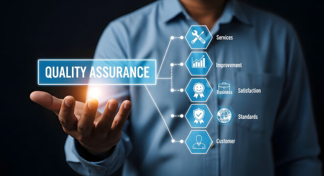 Man presenting quality assurance concept with icons on his palm