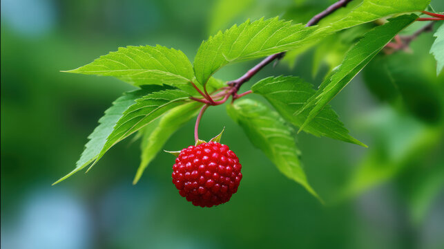 A single bright red thimbleberry hangs from a delicate branch surrounded by vibrant green leaves, showcasing natures beauty in a close up shot outdoors in summer.