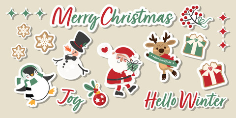 Fototapeta premium Christmas Sticker Set Vector – Cute Santa, Reindeer, Snowman, Penguin, Holiday Elements